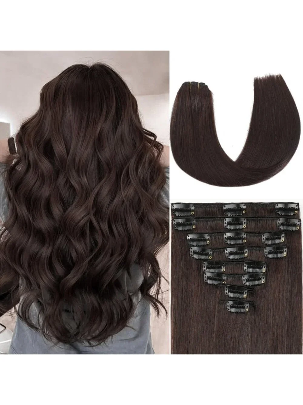 14-Inch Dark Brown Clip-In Hair Extensions - Real Human Hair, Double Weft, Thick